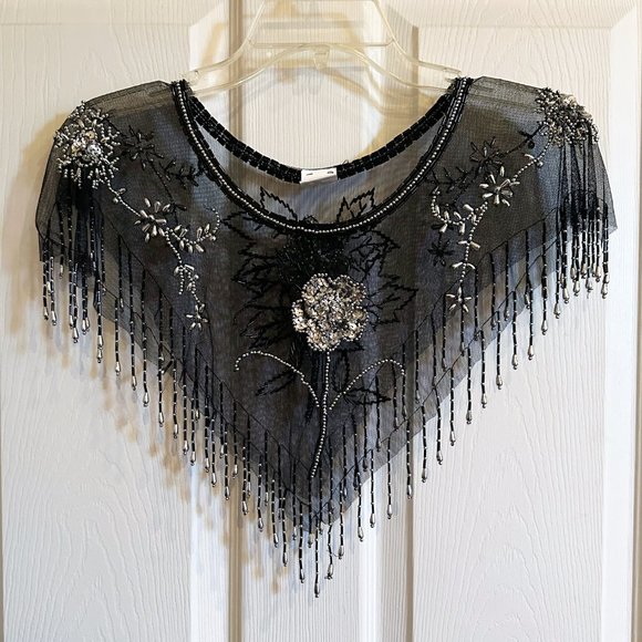 Black & Silver Beaded Sequin Mesh Pullover Capelet Collar Shawl - Picture 6 of 15